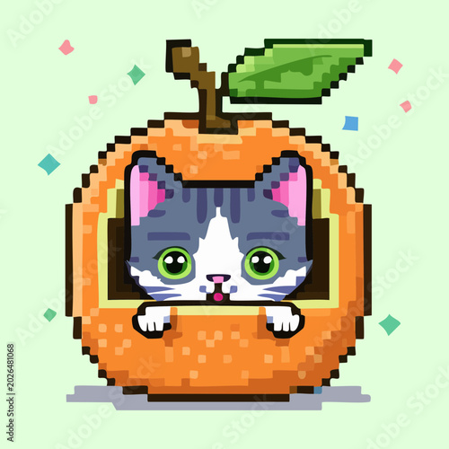 Fotografie Calico cat sitting inside an orange slice pixel art for vibrant fruit themed ani