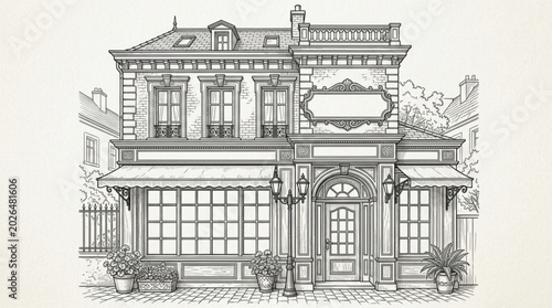 Vintage Building Facade Drawing with Shops and Windows.