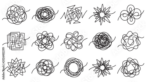 фотографія Chaotic tangled scribble and doodle line pattern set representing stress confusi