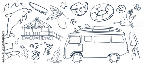 Tropical coastal lifestyle illustration bundle with outlined campervan, pelican, shells, and ice cream. Excellent resource for designing summer event posters, menu covers, and vacation scrapbooks.