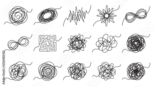 Quadro su tela Chaotic scribble tangle and doodle line set with maze spiral and infinity shapes