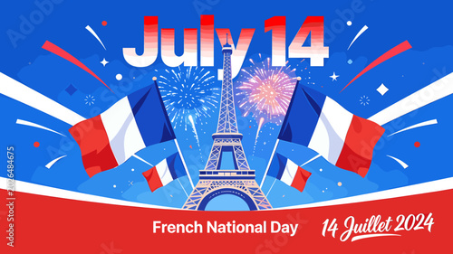 Fotografija Vibrant illustration of the Eiffel Tower with French flags and fireworks celebrating Bastille Day on July 14th