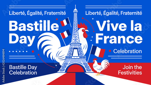 Fotografie Bastille Day Celebration: Vive la France with Eiffel Tower, Roosters, and French Flags