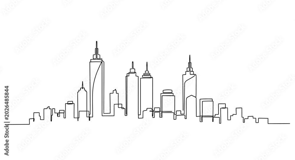 Fototapeta premium Minimalist Skyline Drawing: Continuous Line Art of Urban Architecture