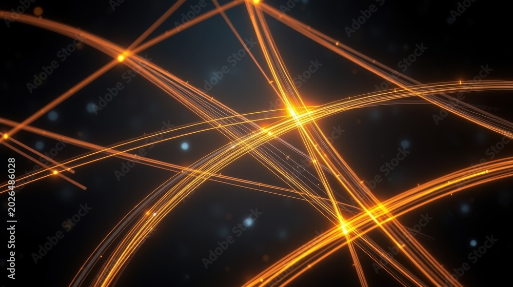 Fototapeta premium Abstract lines intersect, creating bright golden glow against dark background. Energy flows, forming complex network. Futuristic design.