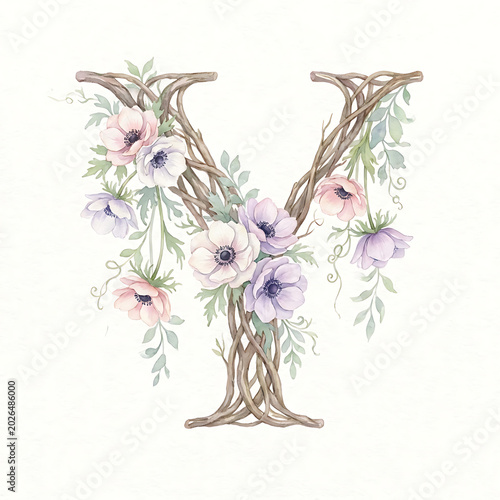 Watercolor capital Y composed of natural branches, adorned with delicate pastel anemone flowers and green leaves. A serene botanical letter for elegant designs