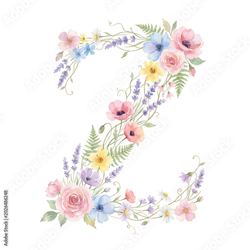 Watercolor capital letter Z formed by delicate pastel flowers and lush greenery. Elegant floral alphabet illustration, perfect for nature-themed designs
