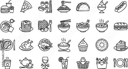 Diverse food and beverage line icon collection featuring international cuisine fast food desserts and drinks