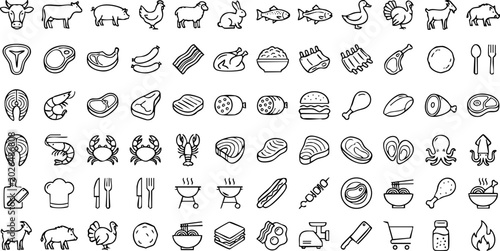 Billede på lærred Outline icons of butchery fish poultry bbq restaurant food collection with meal