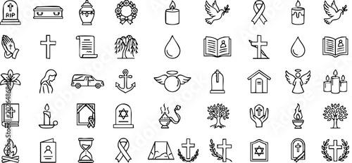 Foto Funeral memorial religious grief remembrance vector line icons set with praying