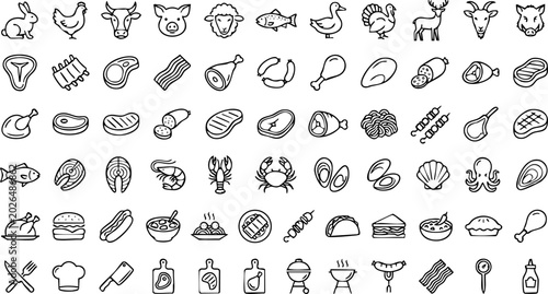 Billede på lærred Set of outline food icons for butchery seafood poultry bbq delicacies with hot d