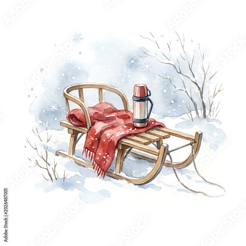 Cozy watercolor winter scene depicting a vintage wooden sled in a snowy landscape, draped with a warm red blanket and a thermos, evoking tranquil holiday moments