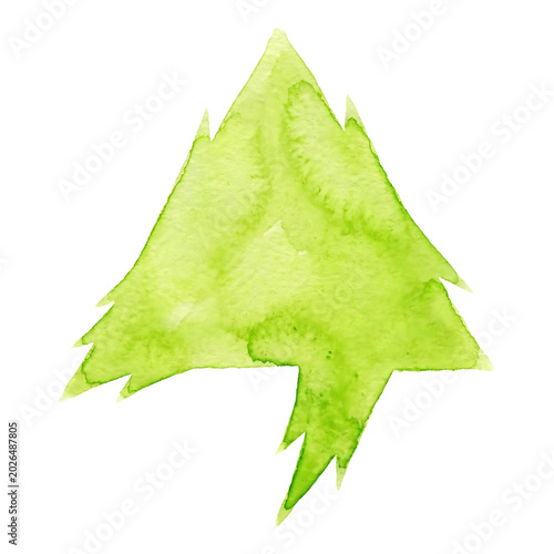 Hand-painted vibrant green watercolor illustration depicting a stylized evergreen tree, isolated on a white background, perfect for festive seasonal designs or natural graphic projects