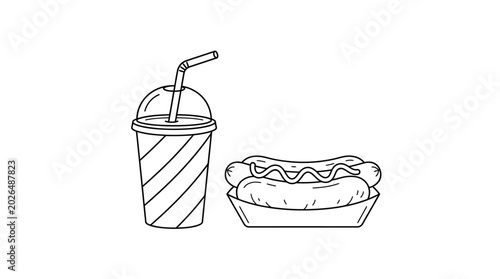 Fényképezés Simple Line Drawing of a Refreshing Drink and a Classic Hot Dog in a Bun