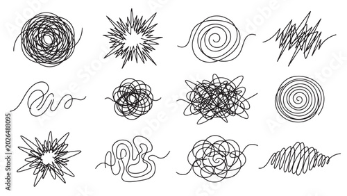 Chaotic and calm scribble line set with burst spiral wave tangle and loop patterns representing mental complexity and creative expression