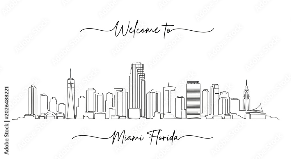 Fototapeta premium Miami Florida Skyline Line Art, Minimalist Cityscape Illustration