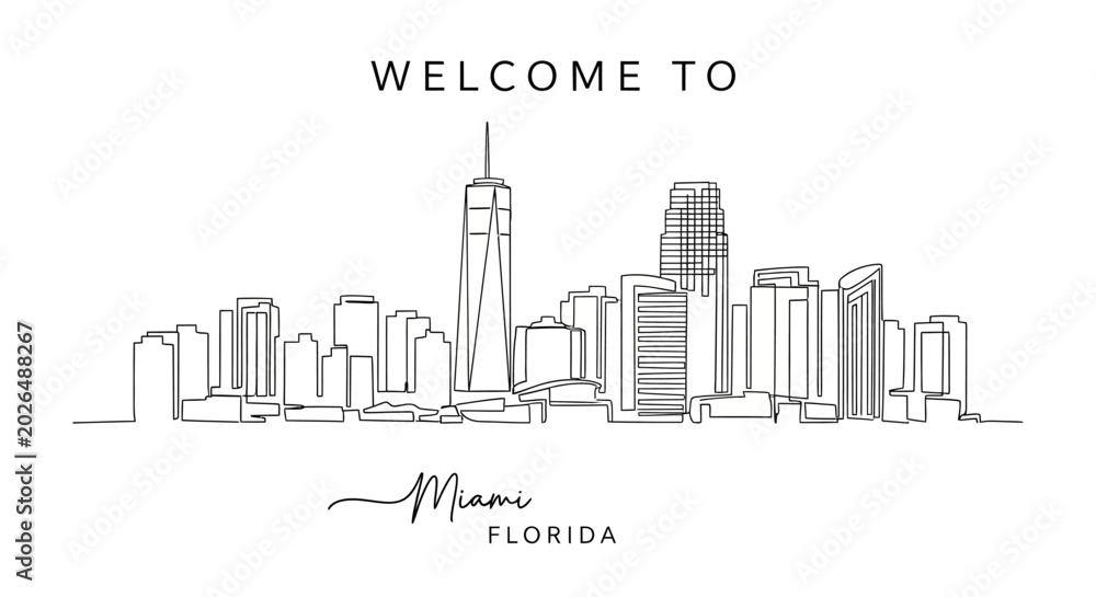 Fototapeta premium Miami Florida Skyline Line Art, Welcome to City Illustration