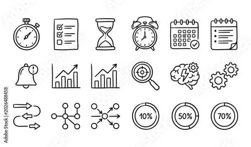 Tablou pe pânză Hand drawn productivity and time management doodle icon vector set with stopwatc