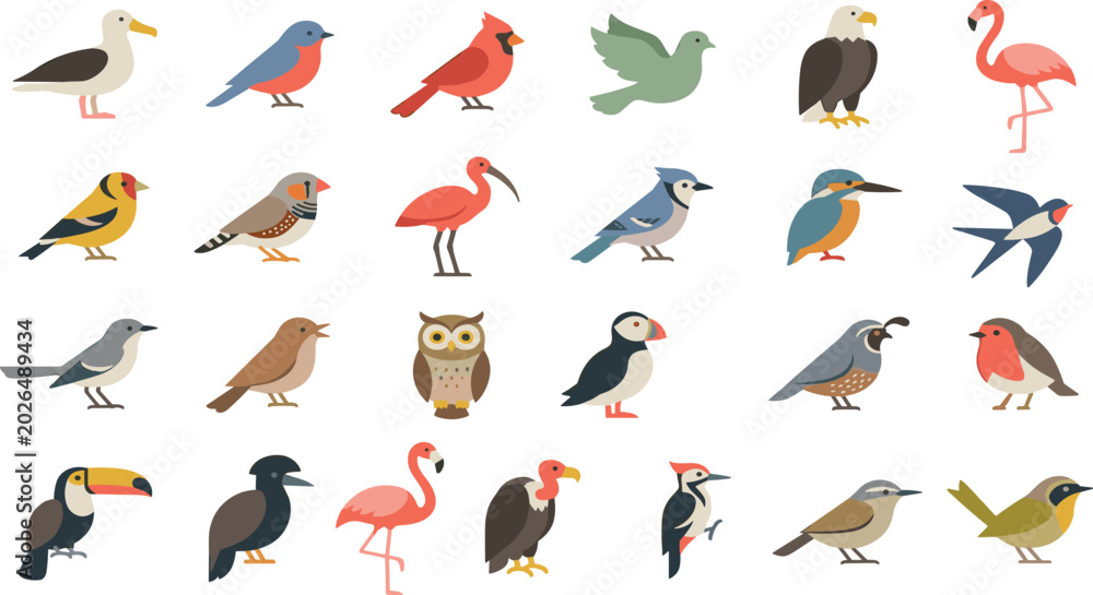Naklejka premium Colorful Bird Species Collection Featuring Flamingo Toucan Owl Puffin Eagle Robin and Tropical Flying Birds in Flat Vector Illustration Set