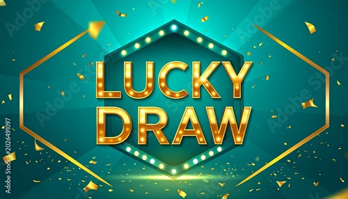 Festive teal background with glowing marquee lucky draw text