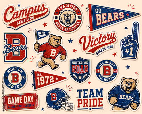 Vintage college sports badges and pennants featuring bear mascots, team pride slogans, and the letter B in red and blue colors.