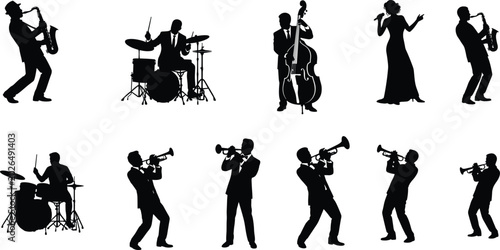 Photography Jazz Musician Silhouette Collection Featuring Saxophone Trumpet Drums and Vocal