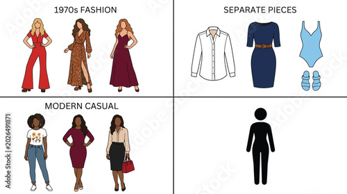 Quadro em tela Diverse women fashion illustration collection featuring 1970s retro style, modern casual outfits, separate clothing pieces, and a female body silhouette