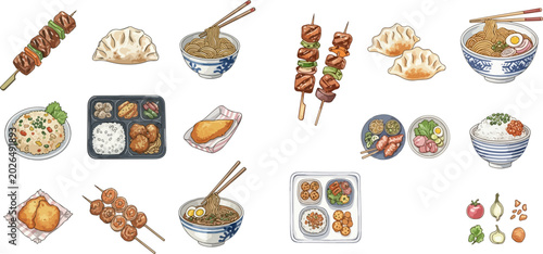 Φωτογραφία Delicious Asian Food Collection: Skewers, Dumplings, Noodles, Bento Box, and Fried Dishes