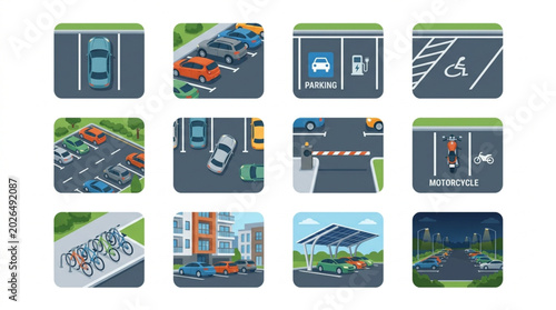 Collection of Parking Lot Icons and Illustrations.