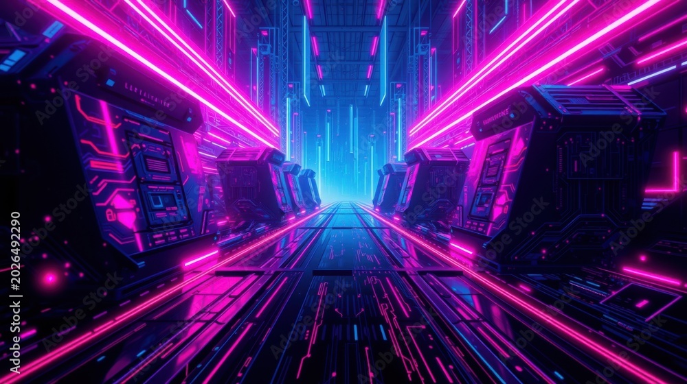 Fototapeta premium Futuristic corridor glows with vibrant neon lights. Dark walls frame intense blue, pink illumination creating dramatic perspective. Complex geometry dominates space.