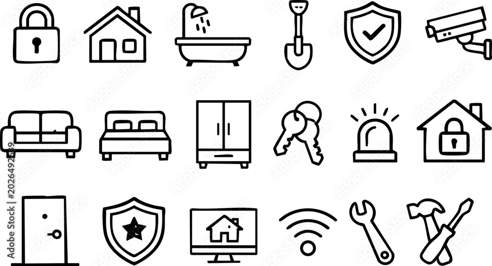 Fototapeta premium Set of diverse home security repair outline vector icons including house lock tools furniture with living room