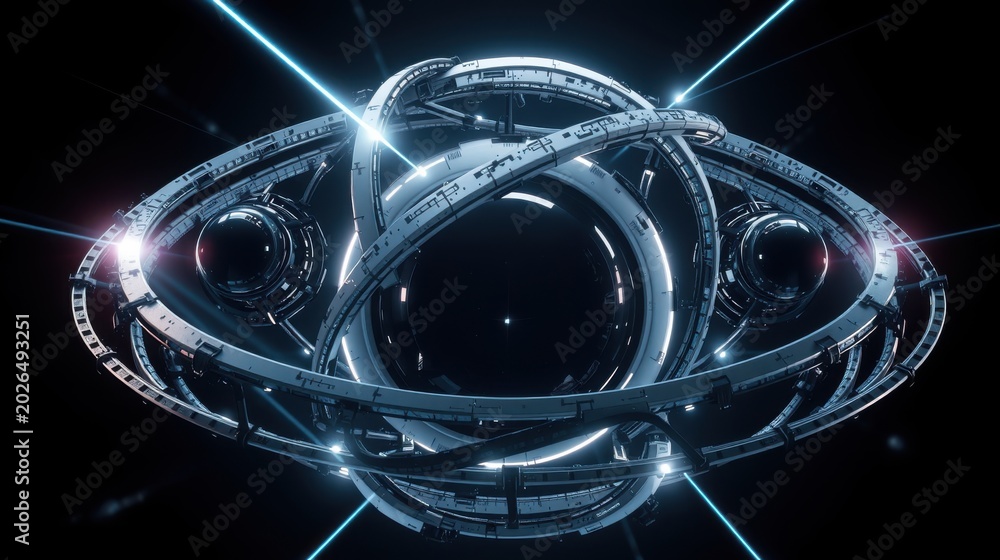 Fototapeta premium Futuristic orbital station design. Complex metallic structure, glowing lights, dark space background. Detailed engineering, scifi concept.