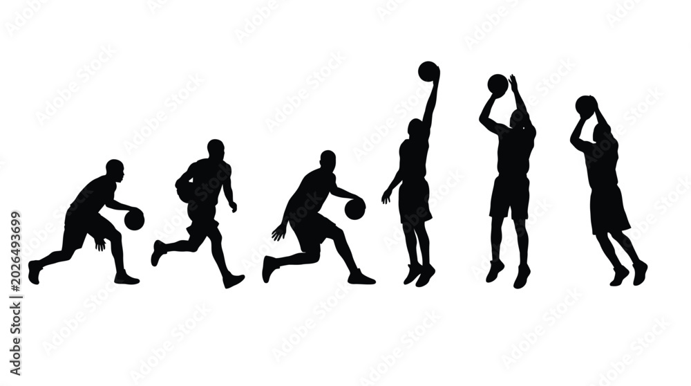 Fototapeta premium Black silhouettes showing a sequence of movements for a professional basketball player performing various dribbling and shooting actions during a competitive game captured in this high contrast isolat