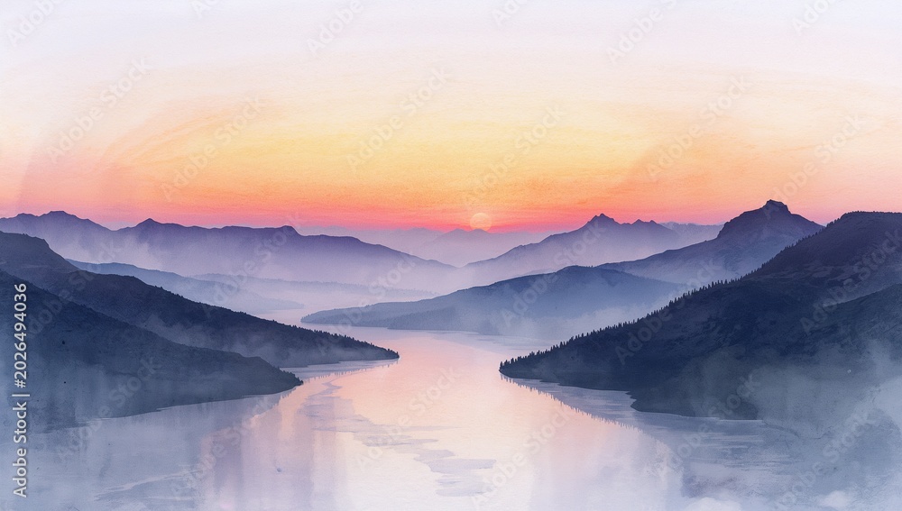 Fototapeta premium Serene Sunrise over Misty Mountain Range and Calm River at Dawn