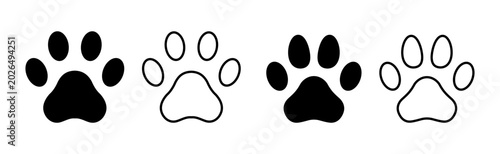 Adorable paw print icon collection with filled and outline dog and cat paw symbols, cute pet animal footprint vector set, isolated on white background.
