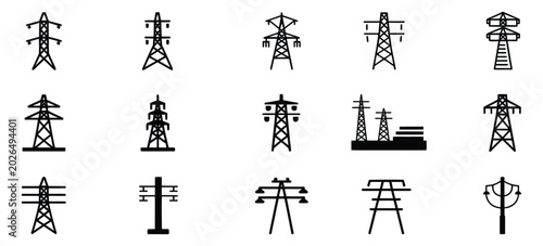 Foto Energy and electricity vector icon collection with high voltage towers, transmission lines, and power system elements