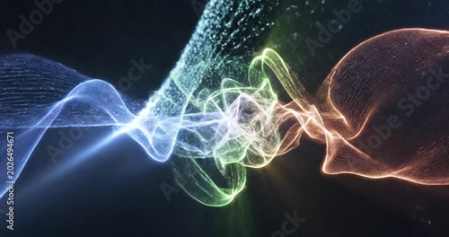 Colorful light waves intertwine in a dynamic display, creating a mesmerizing visual effect