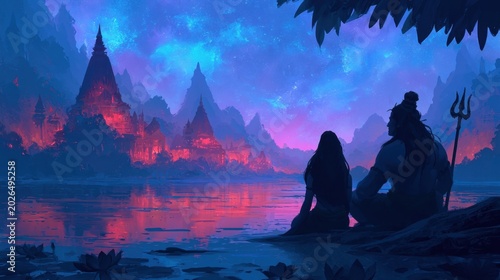 Silhouetted couple with trident sitting by tranquil lake at night watching glowing ancient temple city under mystical starry sky with mountainous landscape