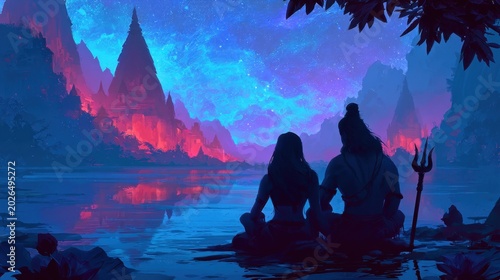 Mystical spiritual scene of two figures sitting by tranquil lake under vibrant night sky with towering mountains glowing in ethereal red and blue hues, fantasy landscape