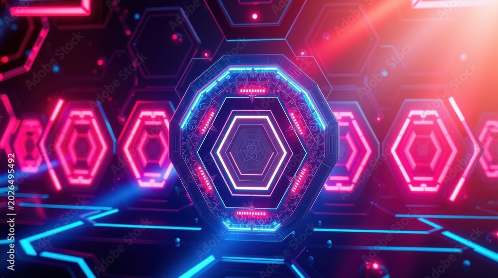 Fototapeta premium Futuristic tunnel. Neon lights create glowing hexagonal patterns. Dark background emphasizes vibrant blue, pink hues. Digital aesthetic.