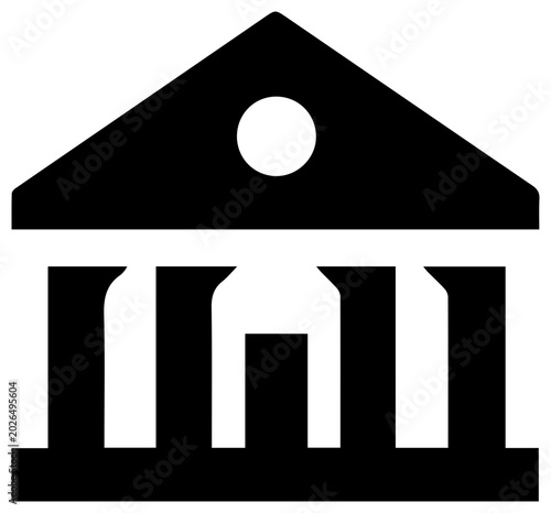 Solid black filled icon of a prime brokerage institutional building with columns and triangular roof