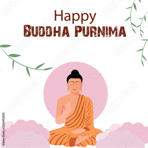 Photography Lord buddha sitting in meditation for buddha purnima celebration with floral background art