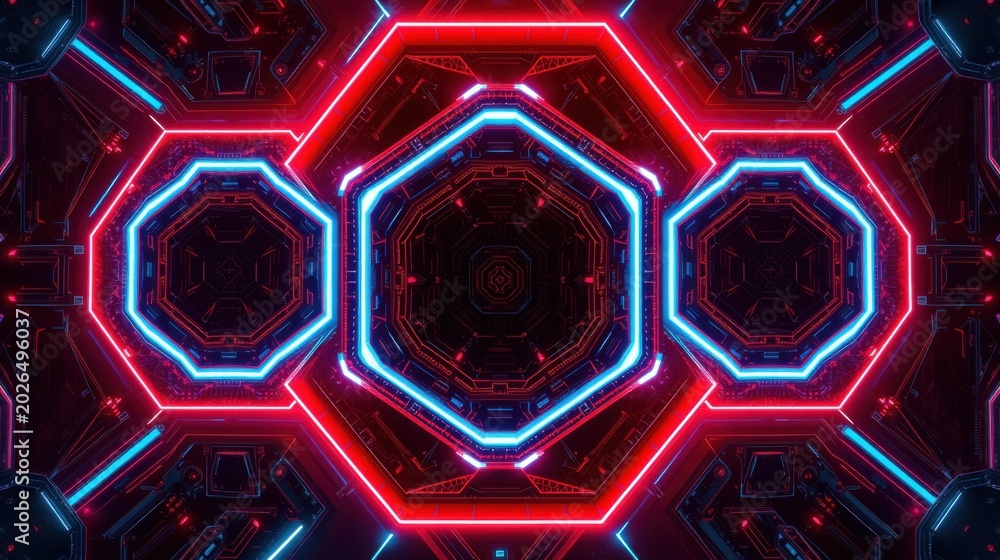 Fototapeta premium Neon tunnel with hexagonal shapes. Red, blue lights create futuristic, symmetrical design. Dark background emphasizes glowing lines, patterns.