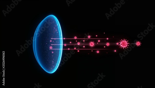 Digital illustration of virus particles passing through a futuristic membrane barrier