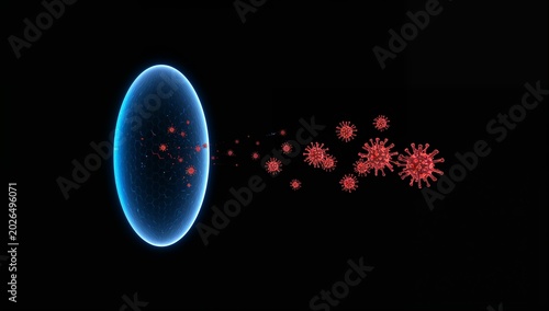 Digital Illustration of Virus Particles Emanating from a Cell in Dark Background