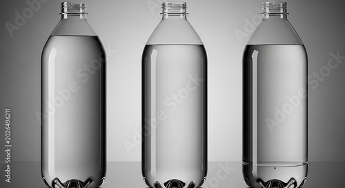 Clear Plastic Water Bottles Filled at Different Levels on Gray Studio Background
