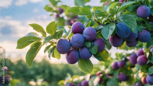Fresh ripe purple plum fruits hanging on tree branch with green leaves under bright blue sky in orchard during sunny day close up