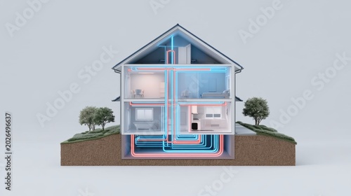 3D illustration of a modern two-story house cutaway showing interior rooms and an integrated geothermal heating and cooling system with underground piping