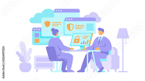 Two people discussing cybersecurity and data protection in a business meeting setting.