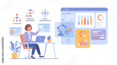Woman working on laptop with data analysis and automation processes.